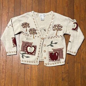 Vintage Style Beige Cardigan with Apple and Tree Design